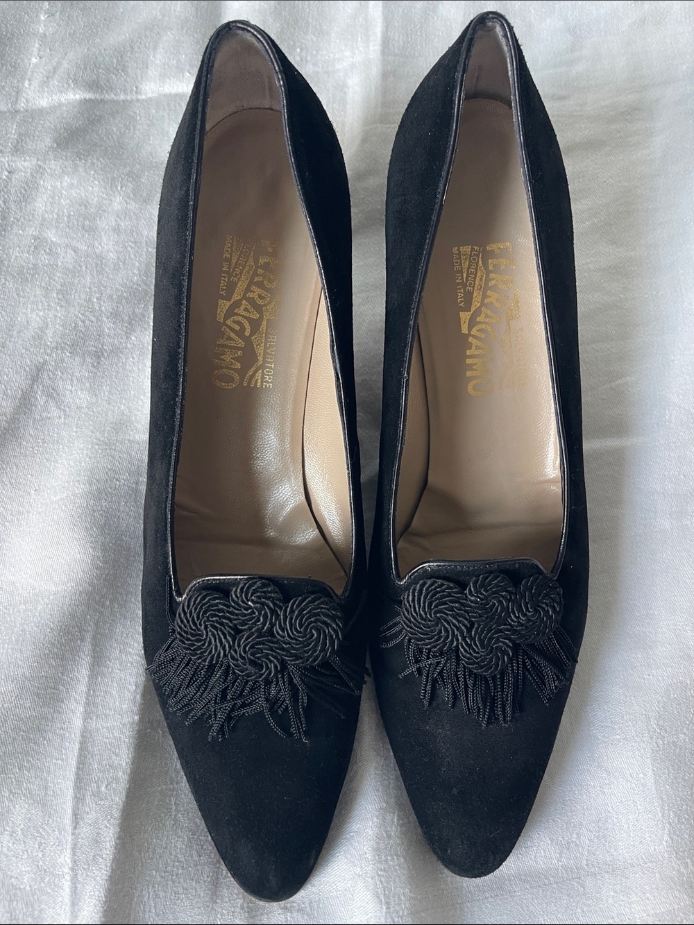 Salvatore Ferragamo Black Suede Pointed Toe Pumps with Knotted Trim